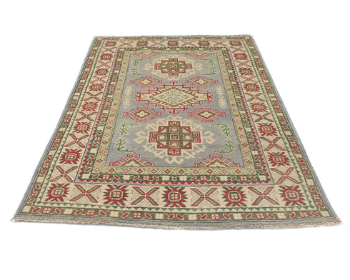 4x6 Gray Kuba Afghan Hand Knotted Wool Area Rug